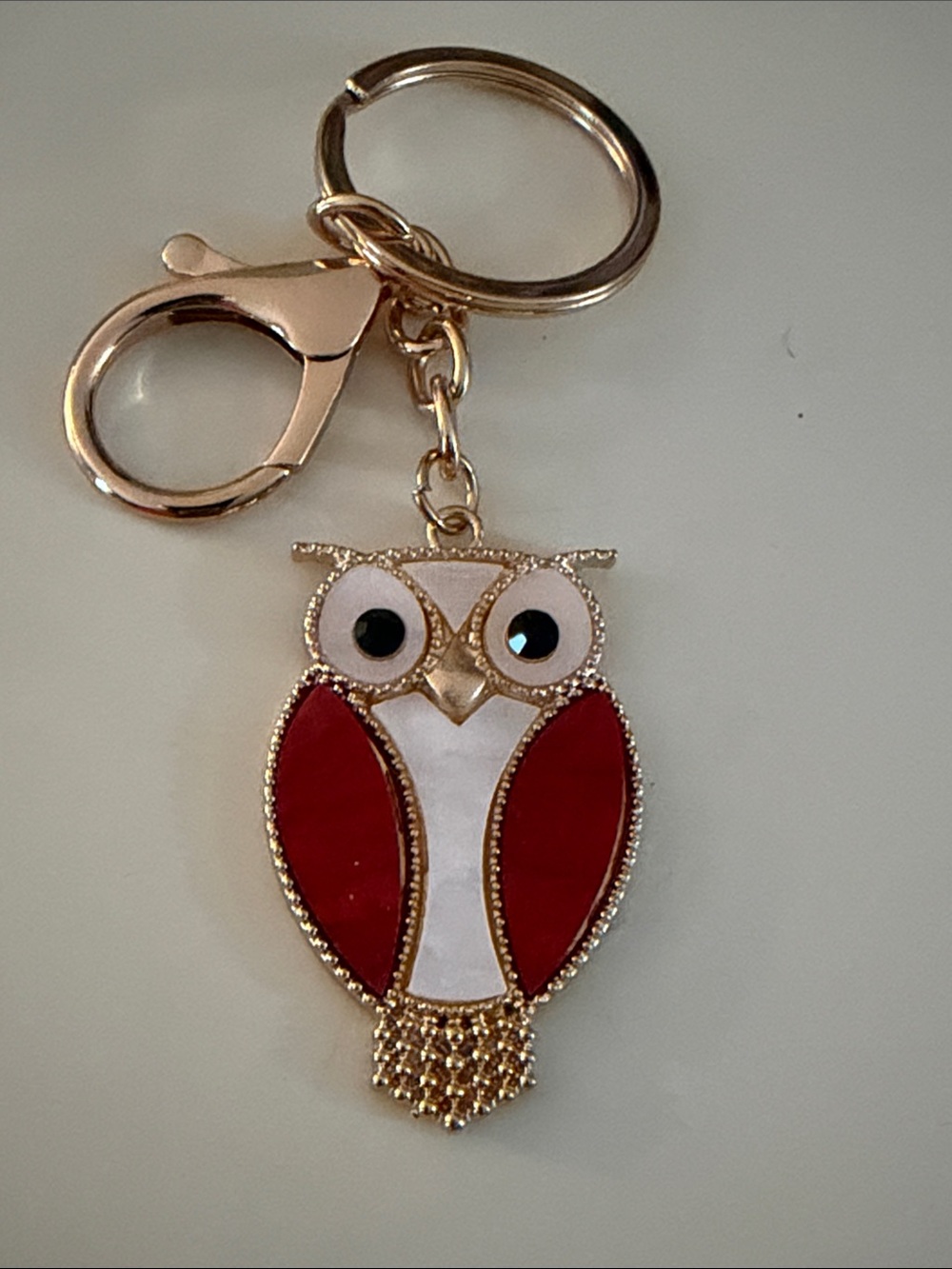 Gold Owl Keyring with Red and White Enamel
